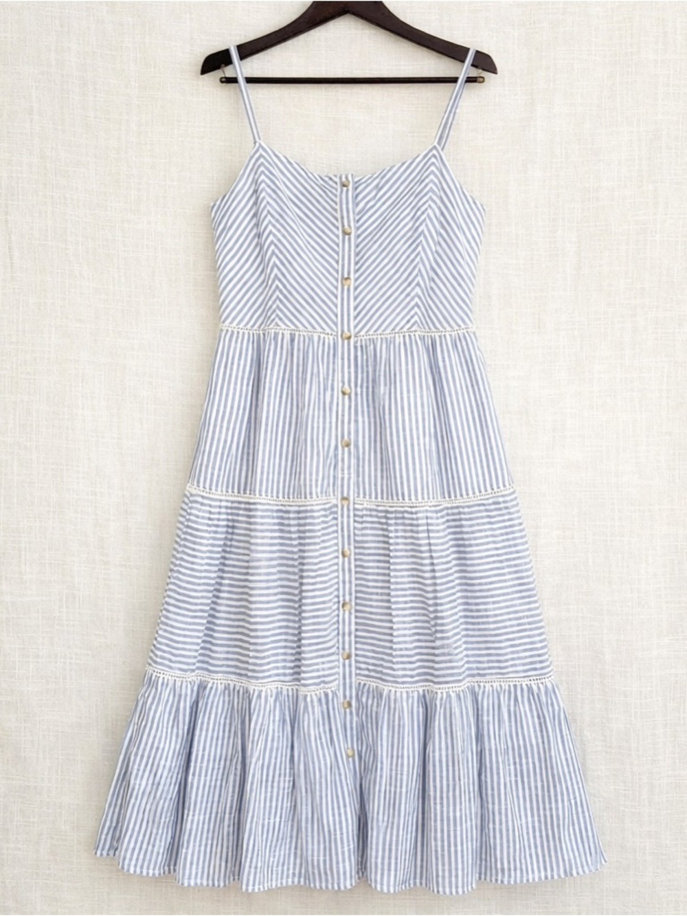 Buffalo David Bitton Blue White Striped Midi Dress Smocked Cotton Boho